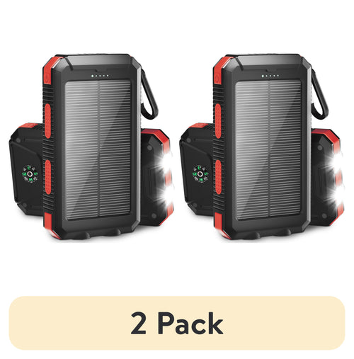 (2 Pack) 20000Mah Solar Power Bank Compatible for Cell Phone Iphone, Outdoor Portable Charger with Dual 5V USB Ports, 2 Flashlights & Digital Compass(Red)