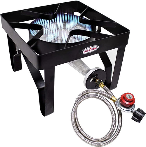 Gasone Propane Single Gas Burner 200,000BTU Heavy Duty - 0-20 PSI Adjustable Regulator and Hose Camp
