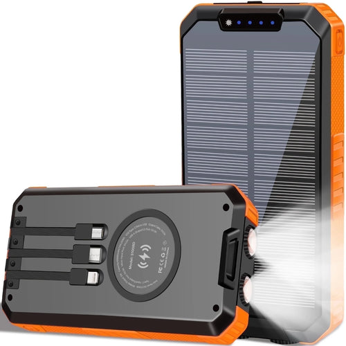 49800Mah Solar Power Bank Portable Solar Charger Built in 3 Cables and 5W Wireless Charger Power Bank,Built-In Super Bright Flashlight,Battery Pack Suitable for Outdoor Camping Hiking(Orange)