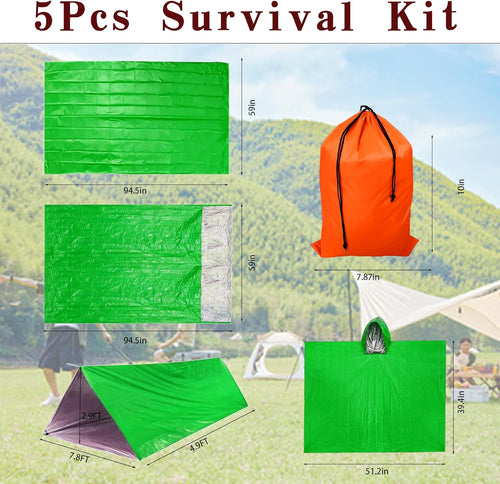 5Pcs Survival Kit Portable Survival Tents and Shelters Camping Emergency Blankets 2 Person Sleeping Bags Rain Ponchos for Adults Bulk for Outdoor Hiking,First Aid
