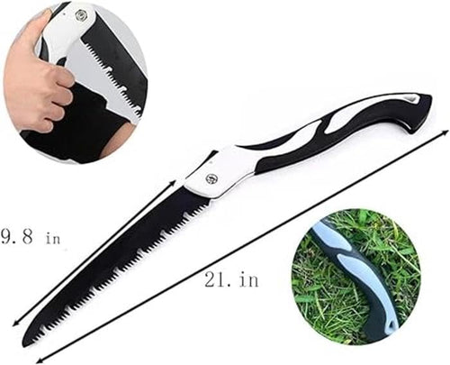 Folding Saw, 9.8 Inch Carbon Steel Blade, Manual Pruning Saw for Camping, Gardening, Survival, 21 Inch Total Length