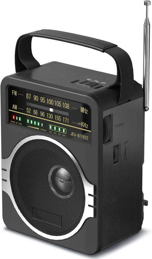 Portable AM FM Radio, Bluetooth 5.0 Radios 5 Watts Loud Speaker,Fm Radio Built-In Rechargeable Battery/Dc D*4 Cell Battery Operated & AC Power Plug in Wall Black