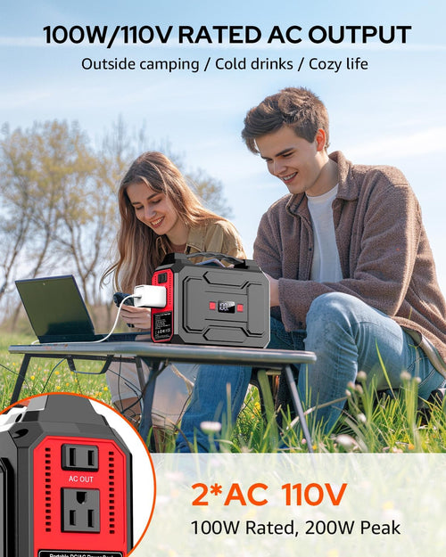 Portable Power Station Bank 146Wh 200W Peak(100W Rated), Solar Powered Power Bank with AC Outlet 110V for Camping, Solar Charger Power Bank Battery Pack 39600Mah for Home Outdoor Emergency