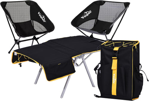 Camping Backpack - Aviation Aluminum Table Frame + 2 Folding Camping Chairs,+ Convertible Backpack Tabletop, Quick Setup&Portable,Camping Gear,Gifts for Camping, Picnic, Beach (Black)