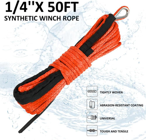 1/4''X 50Ft 10000Lbs Synthetic Winch Rope Winch Rope Cable for Winches SUV ATV UTV Vehicle Boat Car (Orange)