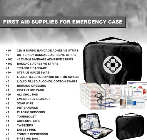 300Piece Travel First Aid Emergency Kit Home Essentials Hiking Survival Essential Kit for Outdoor Adventure Mini First Aid Kit for Backpack, Black | PrepWiseGear