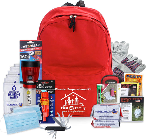 First My Family All-In-One Premium 1-Person, 72-Hour Bug Out Bag for Earthquakes, Floods, Tsunamis and Other Emergencies and Disasters. Be Safe, Be Prepared.