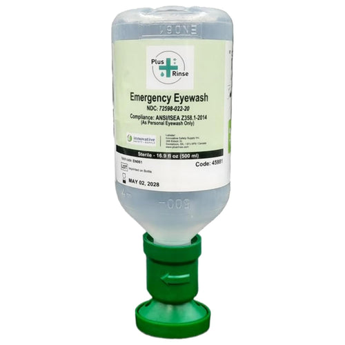 Sterile Saline Eyewash Solution 2-Pack - 500 Ml (16.9 Fl Oz) Bottles + Ergonomic Cup - Emergency Eye Station Refill for Flushing & Irrigating Eyes, 8.5" H, 3" W, 3" L, by Plum