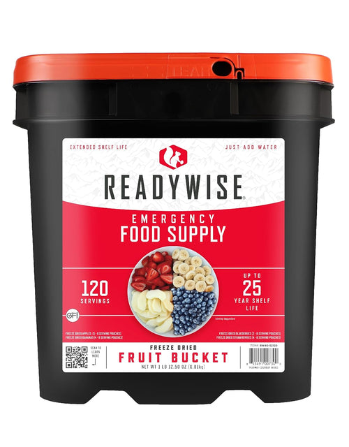 Emergency Food Supply - 120 Servings Fruit Bucket, Nutritious Meals, Dehydrated & Freeze Dried Food for Backpacking, Camping Essentials & Disaster Prepping Supplies, up to 25 Year Shelf Life