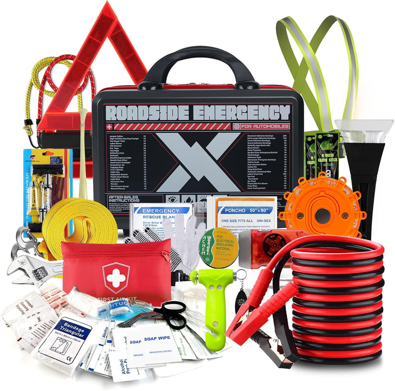Roadside Emergency Car Kit (137Piece), with Jumper Cable, Car Safety Road Rescue Kit,Car Emergency Kit Gift for Father Women and Men,Tow Strap,Car Tool Kit (Black)