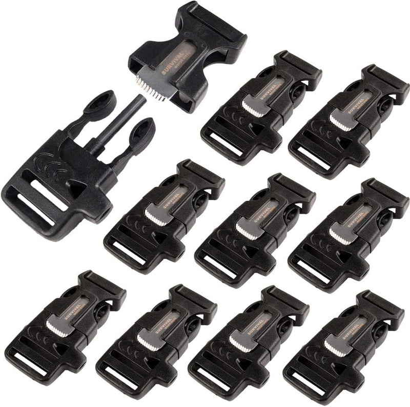10Pack 3/4" (19Mm) Fire Starter Survival Whistle Buckle Flint Scraper for Paracord Bracelet Key Lanyard Ourdoor Hiking Camping Backpack Bag Pets Collar DIY Travel Kits