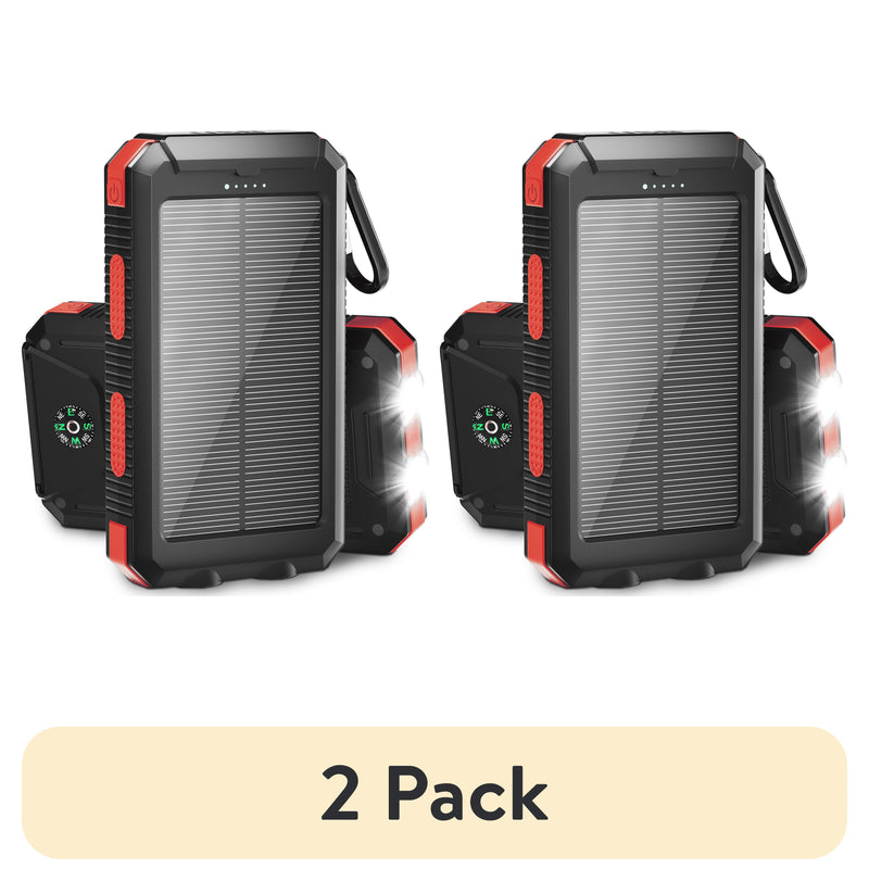 (2 Pack)  20000Mah Solar Power Bank Compatible for Cell Phone Iphone, Outdoor Portable Charger with Dual 5V USB Ports, 2 Flashlights & Digital Compass(Red)
