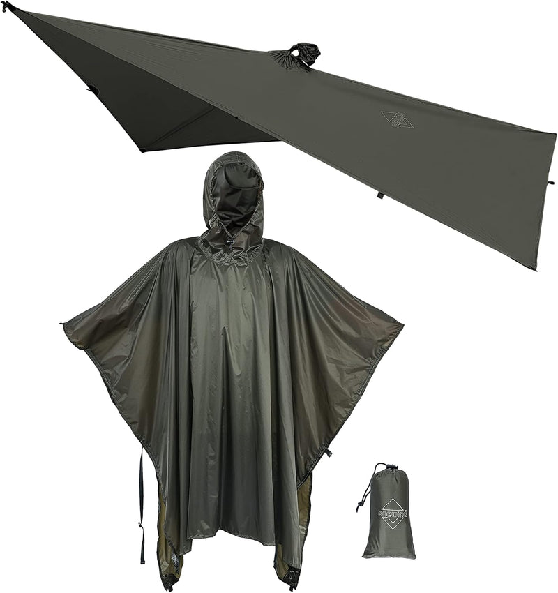 Hooded Rain Poncho, Silnylon Rain Coat Versatile Survival Shelter Waterproof Breathable Lightweight Poncho