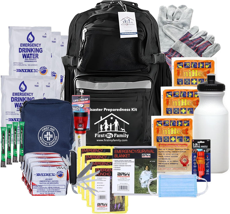 First My Family All-In-One 4 Person, 72 Hour Emergency Survival Kit for Fires, Earthquakes, Hurricanes, Floods, Tsunami and Other Disasters - Premium Black Backpack