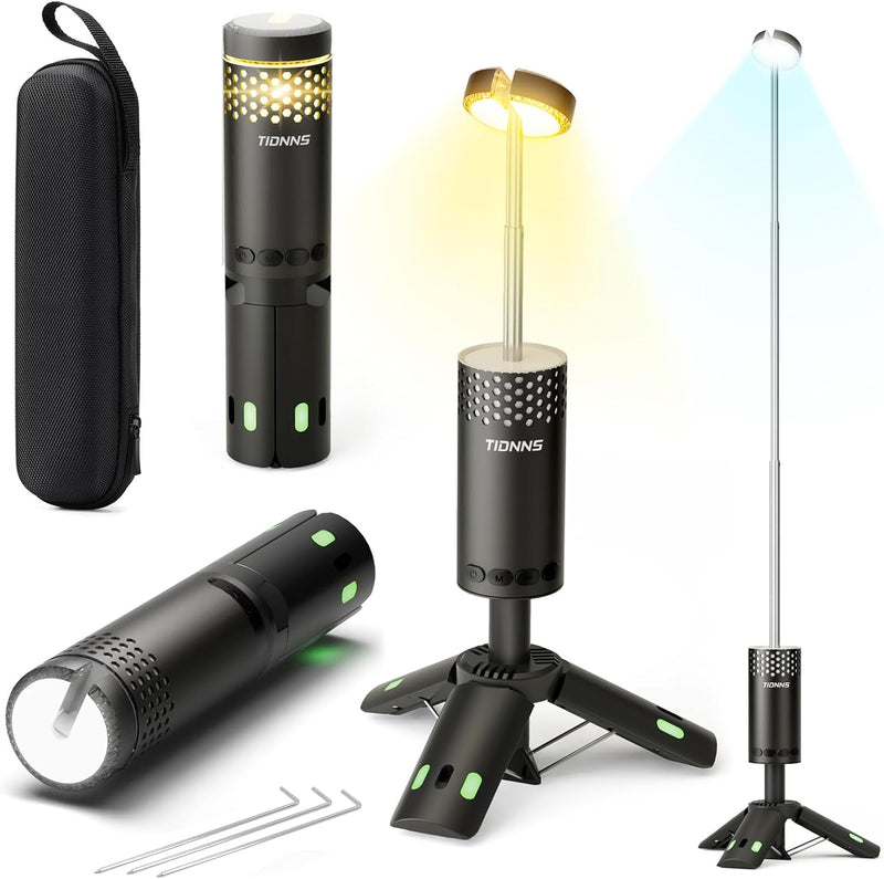 Camping Lights Rechargeable, Detachable Camping Lantern with Stand, Telescopic Waterproof Camp Lamp, Magnetic Work Hanging Light, LED Tent Flashlights for Emergency (Matte Black)