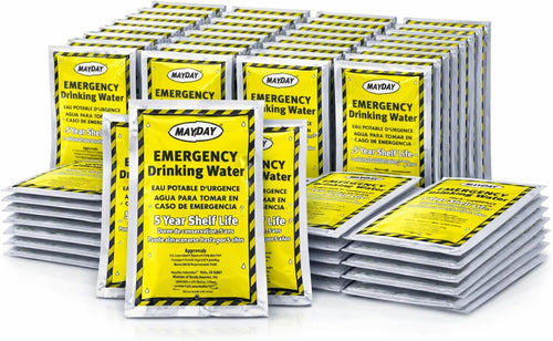Mayday Pouch Water, Coast Guard Emergency Water, 5-Year Shelf Life, Disaster Preparedness Supplies For, Earthquake, Fire, Flood, Leak-Proof Pouches, 4.225 Oz/125Ml 50 Pack