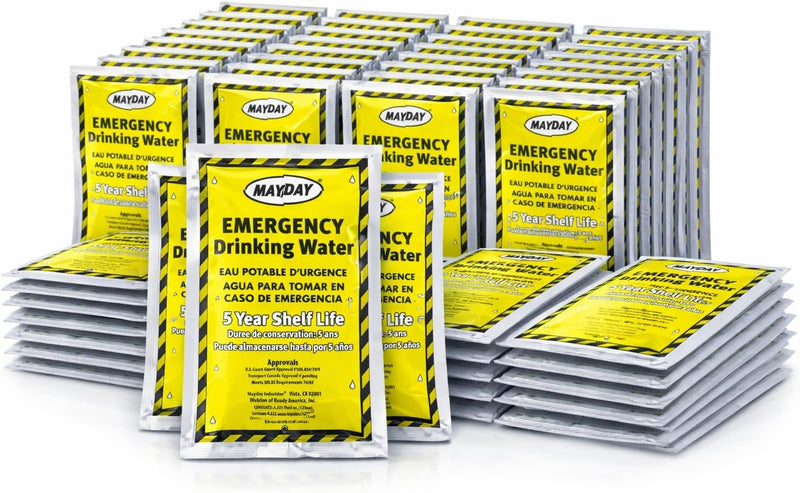 Mayday Pouch Water, Coast Guard Emergency Water, 5-Year Shelf Life, Disaster Preparedness Supplies For, Earthquake, Fire, Flood, Leak-Proof Pouches, 4.225 Oz/125Ml 50 Pack