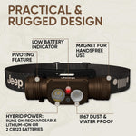 Jeep HM-2100 Headlamp Rechargeable, Hybrid Power Source Head Lamp, IPX4 Water-Resistant, Bright Rechargeable Headlamp, USB-C Cable Included
