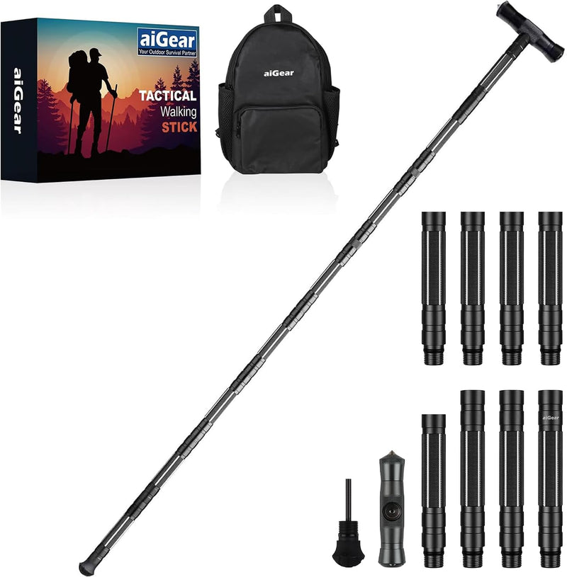 G2 Tactical Hiking Stick, Heavy-Duty 6-8 Section Adjustable Walking Staff for Men Women, Aerospace Aluminum Trekking Poles with Multi-Tool for Camping Wading Self Defense Overlanding