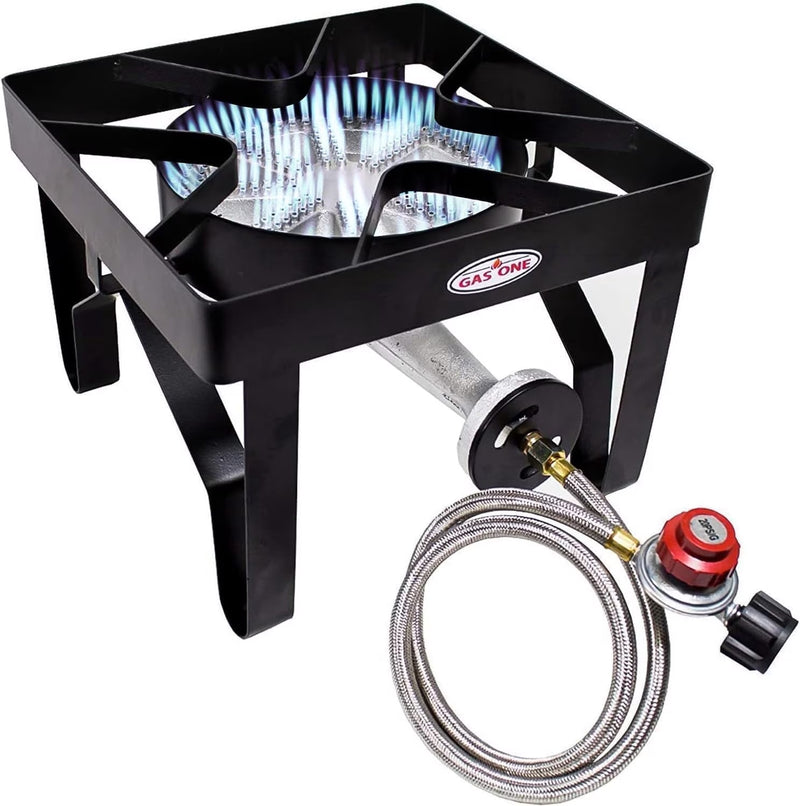 Gasone Propane Single Gas Burner 200,000BTU Heavy Duty - 0-20 PSI Adjustable Regulator and Hose Camp
