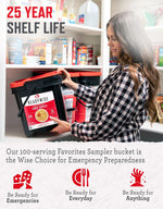 Emergency Food Supply - 100 Servings Favorites Bucket, Protein Meals, Dehydrated & Freeze Dried Survival Food, Backpacking, Camping Essentials & Prepping Supplies, up to 25 Year Shelf Life