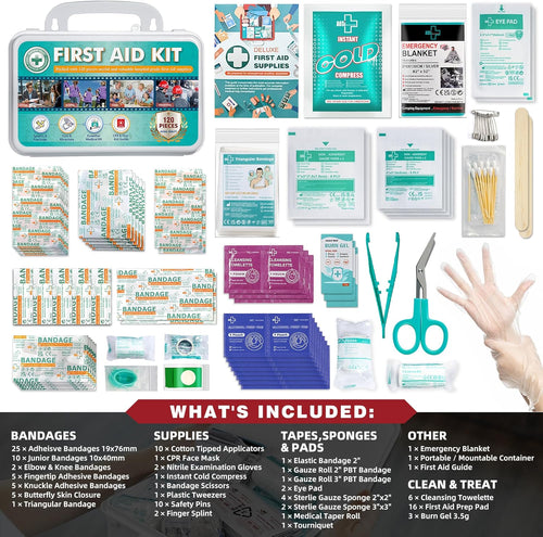 120 Pieces Hardcase First Aid Kit - First Aid Box Includes Instant Cold Pack, Emergency Blanket for Travel, Home, Office, Vehicle, Camping, Workplace & Outdoor