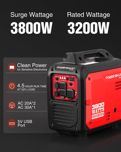 3800-Watt Portable Inverter Generator Gas Powered, Quiet for Camping
