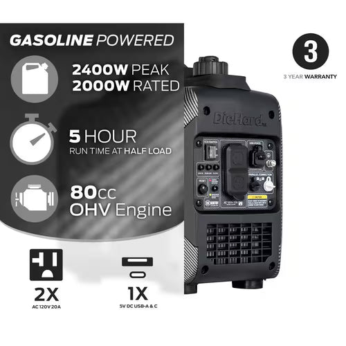 2,000-Watt to 2,400-Watt Recoil Start Portable Gasoline Powered Inverter Generator with CO Alert