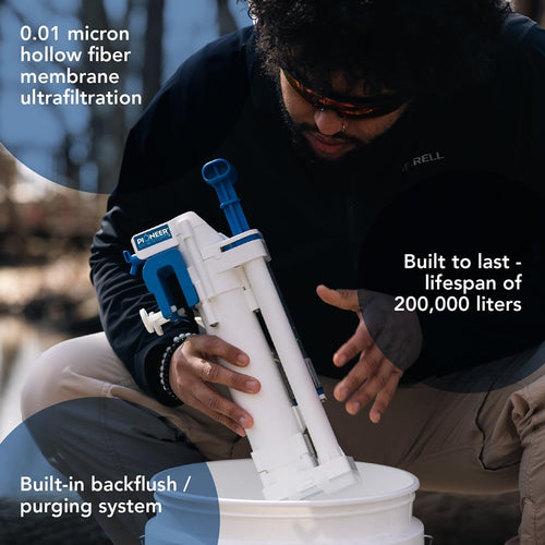 Outdoor Water Filtration System. Bucket Pump Purifier Produces Clean Water for Backpacking, Survival, Hiking - Emergency Filter
