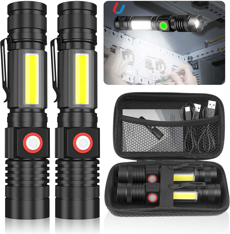 USB Rechargeable Flashlight, Magnetic LED Flashlight, Super Bright LED Tactical Flashlight with Cob Worklight,Waterproof,Zoomable Best Small LED Flashlight for Camping, Emergency Flashlight