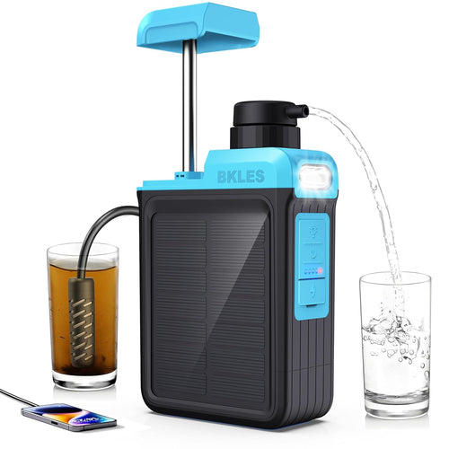 3-In-1 Solar Electric Water Filter with Hand Pump - Camping Water Filtration System Survival, Portable Water Purifier with Emergency Light, Survival Kit for Backpacking, Birthday Gifts for Men