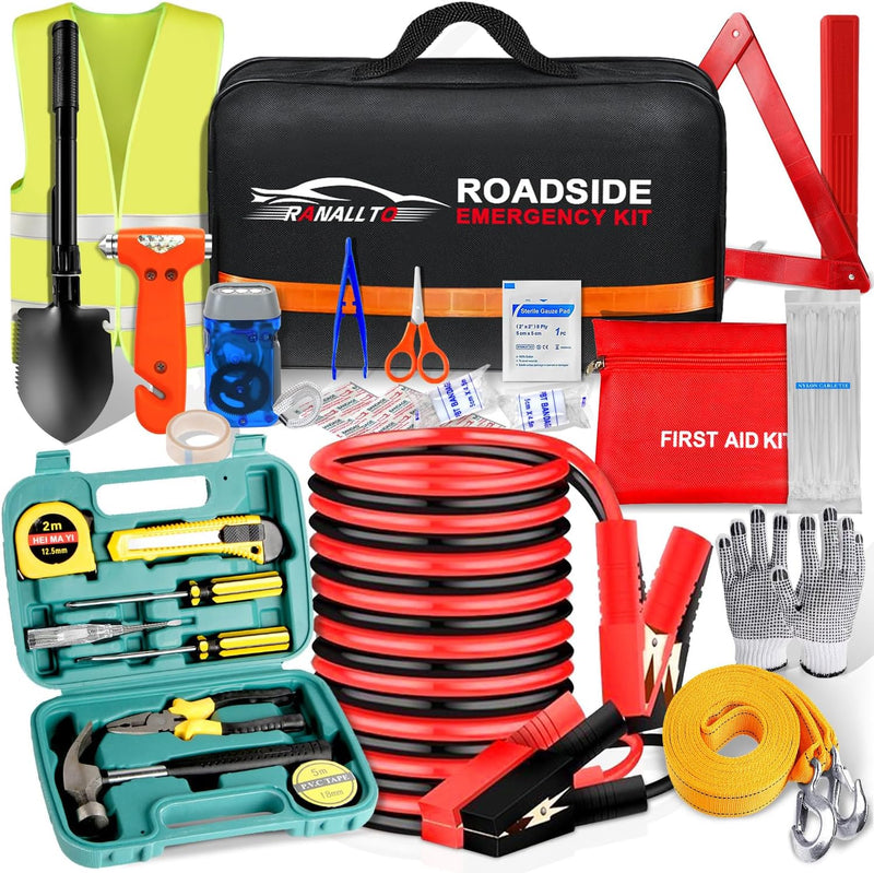 Car Emergency Roadside Tool Kit,Road Side Safety Assistance Kit for Women Men Adult,Auto Truck Vehicle Emergency Bag with Shovel Jumper Cable First Aid Kit