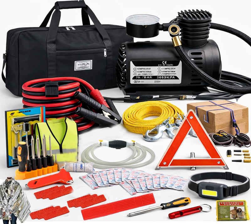 Car Roadside Emergency Kit, with Jumper Cables Automotive Kit,Car Safety Roadside Assistance Kit Headlamp,Tow Straps, Safety Hammers, Rainwear, Gloves.Black