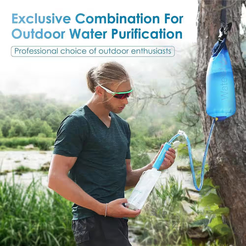 Gravity Water Filter Straw, Camping Water Filtration System Purifier 1.5 Gal Bag, 0.1 Micron, 5 Stage Filtration, Blue