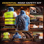 Car Roadside Emergency Kit, with Jumper Cables Automotive Kit,Car Safety Roadside Assistance Kit Headlamp,Tow Straps, Safety Hammers, Rainwear, Gloves.Black