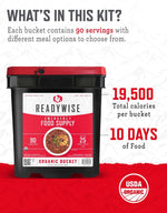 Emergency Food Supply - 90 Servings Organic Bucket, Protein Meals, Dehydrated & Freeze Dried Survival Food for Backpacking, Camping Essentials & Prepping Supplies, up to 25 Year Shelf Life