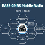 RA25 GMRS Mobile Radio, Long Range GMRS Radio Mobile Transceiver, 8 Repeater Channel Base Station, Emergency Alarm FM Radio, Mobile Two Way Radio for Farm Overlanding