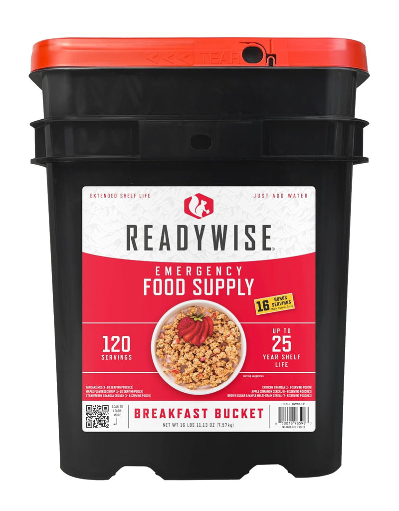 Emergency Food Supply - 120 Servings Breakfast Bucket, Freeze Dried & Dehydrated Meals, Survival Food Kit for Backpacking, Camping Essentials & Prepping Supplies, up to 25 Year Shelf Life
