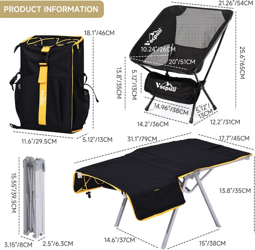 Camping Backpack - Aviation Aluminum Table Frame + 2 Folding Camping Chairs,+ Convertible Backpack Tabletop, Quick Setup&Portable,Camping Gear,Gifts for Camping, Picnic, Beach (Black)