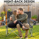 Low Camping Chair Lightweight Double Camping Chair Heavy Duty 2 Person Camping Chair with Cup Holders Padded High Back Camping Loveseat Supports 500 Lbs-Grey