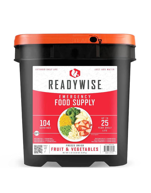 Emergency Food Supply - 104 Servings Freeze Dried Fruit and Vegetables Bucket, Protein Meals, Camping Essentials for Survival Food, Disaster Prepping Supplies, up to 25 Year Shelf Life