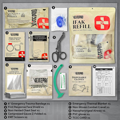 11Pcs IFAK Trauma Kit, First Aid Kit Refill Supplies with Non-Vented Chest Seal, 6" Emergency Trauma Bandage & Compressed Gauze, Tactical Trauma Medical Supplies for Combat Wound Care