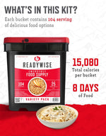 Emergency Food Supply - 104 Servings Variety Pack Bucket, Protein Meals, Dehydrated & Freeze Dried Food for Backpacking, Camping Essentials & Prepping Supplies, up to 25 Year Shelf Life
