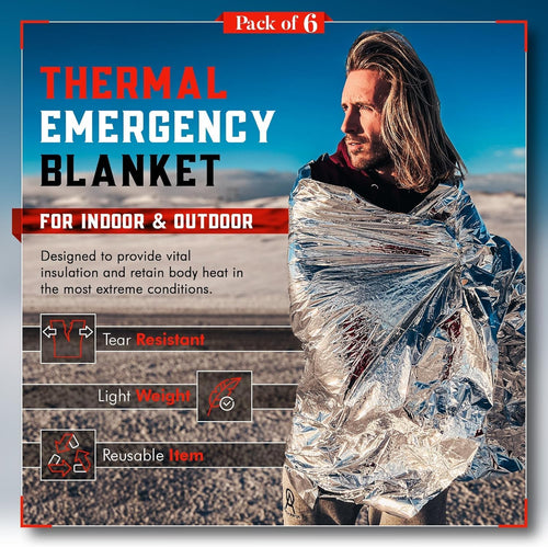 Emergency Blankets for Survival Gear and Equipment X6, Space Blanket, Mylar Blankets, Thermal Blanket, Survival Blanket, Survival Kits Emergency Kit, Emergency Supplies, Foil Blanket Camping Shelter | PrepWiseGear