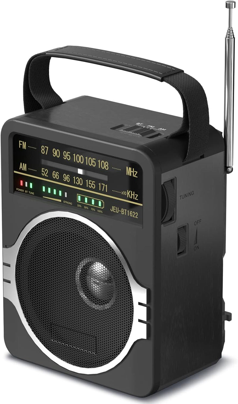 Portable AM FM Radio, Bluetooth 5.0 Radios 5 Watts Loud Speaker,Fm Radio Built-In Rechargeable Battery/Dc D*4 Cell Battery Operated & AC Power Plug in Wall Black