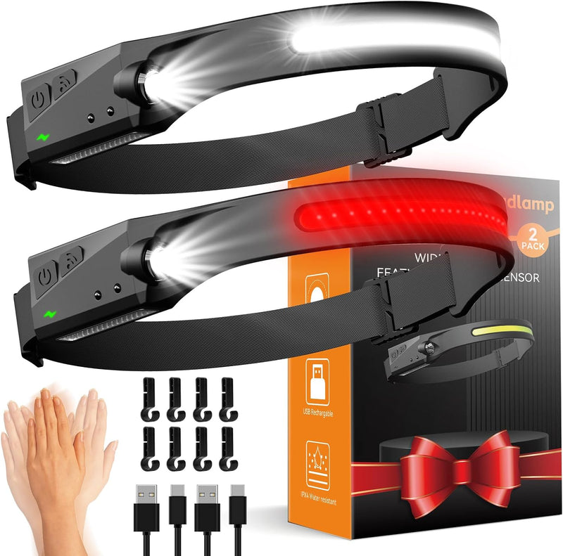 Headlamps Rechargeable with Red Light 2 Pack, Wide Beam Running LED Head Lamp for Adults, Headlights for Head with Motion Sensor, Hard Hat Light for Running, Camping, Hiking, Hunting, Fishing
