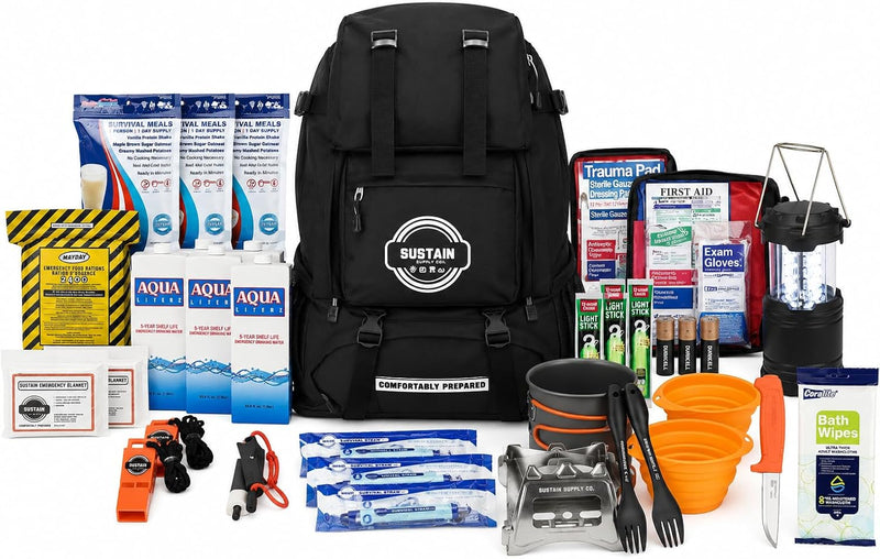 Sustain Supply 70491 2-Person 72-Hour Emergency Survival Kit Backpack Complete Disaster Preparedness Pack W/Food, Water, First Aid Kit, Tools & Shelter Gear for Earthquake, Hurricane & Evacuation