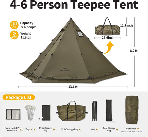 Ranch Fire Teepee Tent, Cold Weather Winter Hot Tent with Stove Jack, 4-6 Person Waterproof Windproof 4 Season Tents for Camping