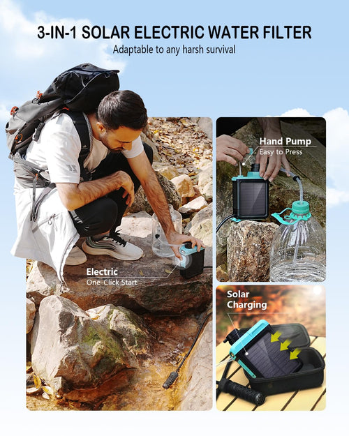 3-In-1 Solar Electric Water Filter with Hand Pump - Camping Water Filtration System Survival, Portable Water Purifier with Emergency Light, Survival Kit for Backpacking, Birthday Gifts for Men