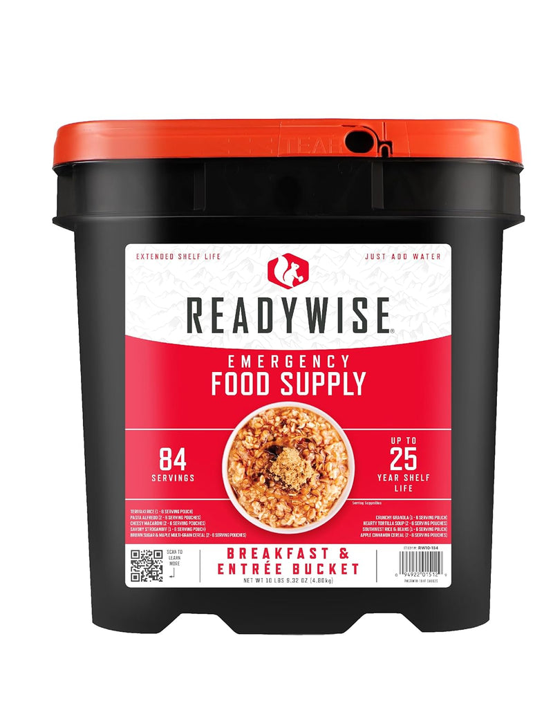 Emergency Food Supply - 84 Servings Breakfast & Entrée Bucket, Protein Meals, Dehydrated & Freeze Dried Food for Backpacking, Camping Essentials & Prepping Supplies, up to 25 Year Shelf Life